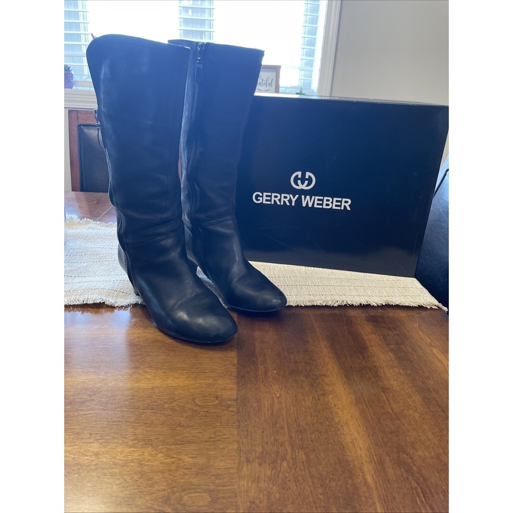 Gerry‎ Webber Knee High Black Leather Boots 7.5 Dual Zip Kate